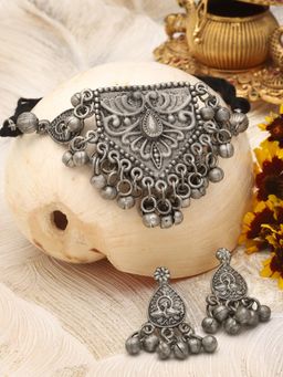 Moedbuille - Silver Plated Oxidised Necklace with Pair Of Earrings