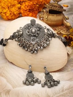 Moedbuille - Multi-Color Silver Plated Meenakari Necklace with Pair Of Earrings