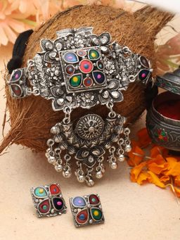 Moedbuille - Silver Plated Oxidised Necklace with Pair Of Earrings