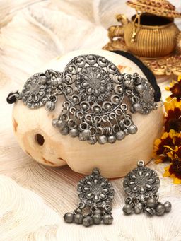 Moedbuille - Silver Plated Oxidised Necklace with Pair Of Earrings