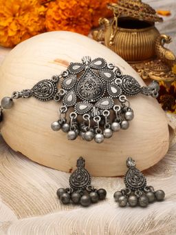 Moedbuille - Silver Plated Oxidised Necklace with Pair Of Earrings