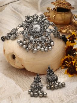 Moedbuille - Silver Plated Oxidised Necklace with Pair Of Earrings