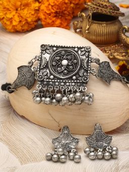 Moedbuille - Silver Plated Oxidised Necklace with Pair Of Earrings