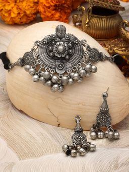 Moedbuille - Silver Plated Oxidised Necklace with Pair Of Earrings