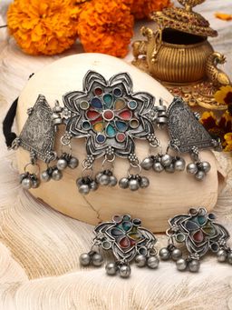 Moedbuille - Silver Plated Meenakari Necklace with Pair Of Earrings