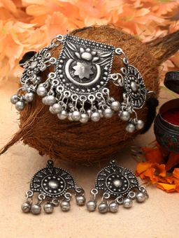 Moedbuille - Silver Plated Oxidised Necklace with Pair Of Earrings