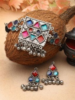 Moedbuille - Silver Plated Oxidised Necklace with Pair Of Earrings