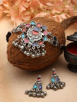 Moedbuille - Multi-color Silver Plated Oxidised Necklace with Pair Of Earrings
