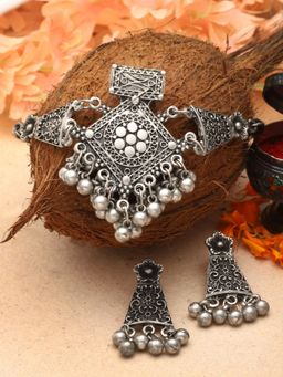 Moedbuille - White Silver Plated Oxidised Necklace with Pair Of Earrings