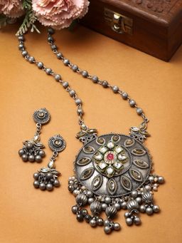 Moedbuille - Silver Plated Oxidised Necklace with Pair Of Earrings