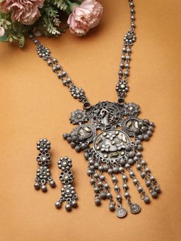 Moedbuille - Silver Plated Oxidised Necklace with Pair Of Earrings