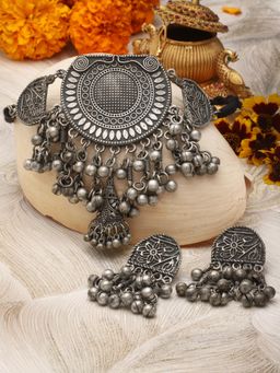 Moedbuille - Silver Plated Oxidised Necklace with Pair Of Earrings