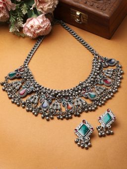 Moedbuille - Multi-Color Silver Plated Meenakari Necklace with Pair Of Earrings