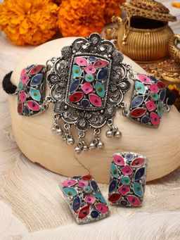 Moedbuille - Multi-Color Silver Plated Meenakari Necklace with Pair Of Earrings