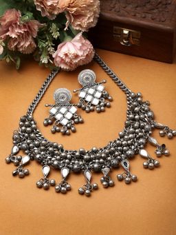 Moedbuille - Silver Plated Oxidised Necklace with Pair Of Earrings