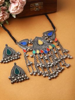 Moedbuille - Multi-Color Silver Plated Oxidised Necklace with Pair Of Earrings