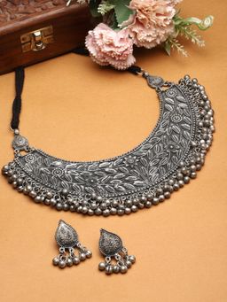 Moedbuille - Silver Plated Oxidised Necklace with Pair Of Earrings