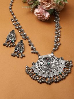 Moedbuille - Multi-Color Silver Plated Oxidised Necklace with Pair Of Earrings
