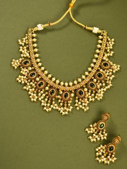 Peach Tassels - Green Gold Plated Stones Necklace with Pair of Earrings