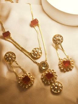 Peach Tassels - Red Gold Plated Kundan Necklace with Pair of Earrings