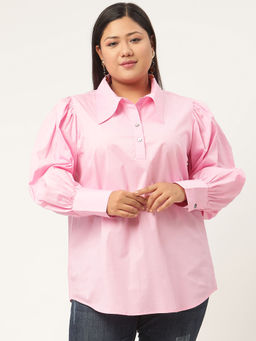 theRebelinme - Plus Size Womens Pink Solid Color Shirt Style Top