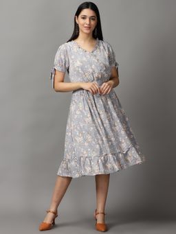 SHOWOFF - Womens V-Neck Knee Length Grey Floral Dress