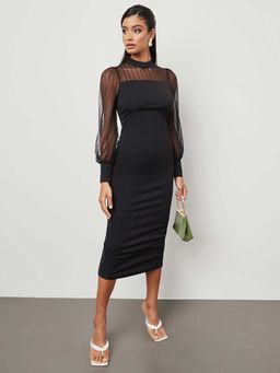 Styli - Black High Neck Mesh Yoke Bodycon Midi Dress