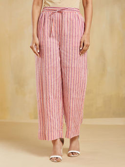 Fabindia - Pink Cotton Stripes Printed Casual Pants