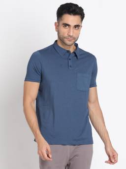 Turtle - Men Poly Spandex Melange Blue Half Sleeve Active Solid Polo T-Shirt