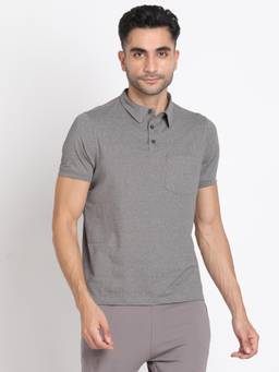 Turtle - Men Poly Spandex Melange Grey Half Sleeve Active Solid Polo T-Shirt