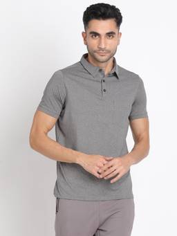 Turtle - Men Poly Spandex Melange Grey Slim Fit Active Polo T-Shirt