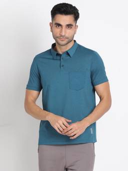 Turtle - Men Poly Spandex Melange Teal Blue Slim Fit Active Polo T-Shirt