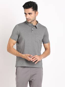 Turtle - Men Poly Spandex Melange Grey Slim Fit Active Polo T-Shirt