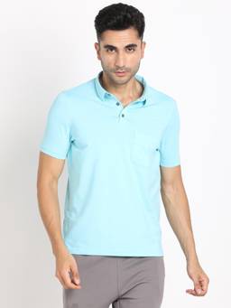 Turtle - Men Poly Spandex Melange Blue Half Sleeve Active Solid Polo T-Shirt