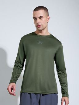 Styli - Men Olive Typography Crew-Neck Long Sleeves Regular Fit T-Shirt