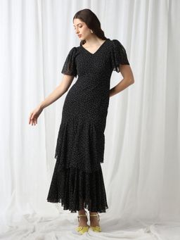 Globus - Women Black Polka Dot Georgette Fit And Flare Maxi Party Dress