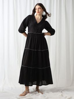 Globus - Women Black Solid Smocked Tiered Fit And Flare Maxi Dress