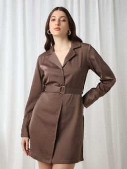 Globus - Women Brown Self Design Mini Workwear Blazer Dress With D-Ring Belt