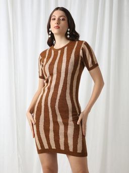 Globus - Women Brown Abstract Ribbed Hem Acrylic Mini Bodycon Dress