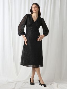 Globus - Women Black Lurex Detail Georgette Fit And Flare Midi Party Dress