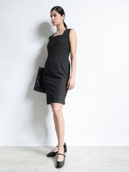 FableStreet - Pinstripe Sheath Knee Dress - Black