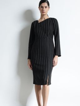FableStreet - Striped Sheath Knee Dress - Black