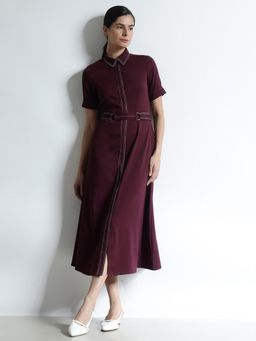 FableStreet - Fit And Flare Dress With Belt - Wine