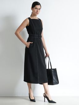 FableStreet - Shift Midi Dress With Belt - Black