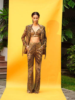 Nikita Mhaisalkar - Tropical Brown Pant Suit (Set of 3)