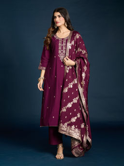 Gajra Gang - Plum Muslin Embroidered Kurta Pant & Dupatta Diwalicous (Set of 3)