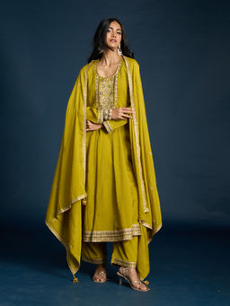 Gajra Gang - Lime Green Tissue Anarkali Pant & Dupatta Diwalicous (Set of 3)