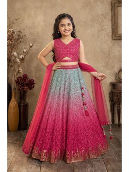 Lagorii - Pink And Aqua Mirror Embroidered Lehenga and Choli With Dupatta