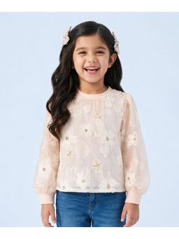 devils n angels - Girls Pink Floral Embroidered Party Wear Balloon Sleeve Top