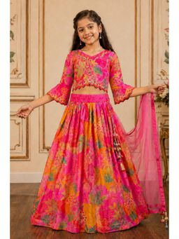 Lagorii - Pink And Orange Floral Printed Lehenga and Choli With Dupatta
